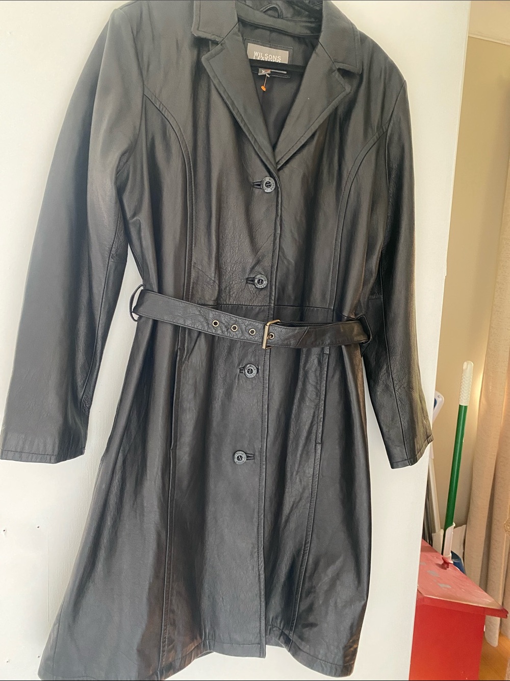 Wilsons Leather Black Leather Trench Coat with Belted Waist